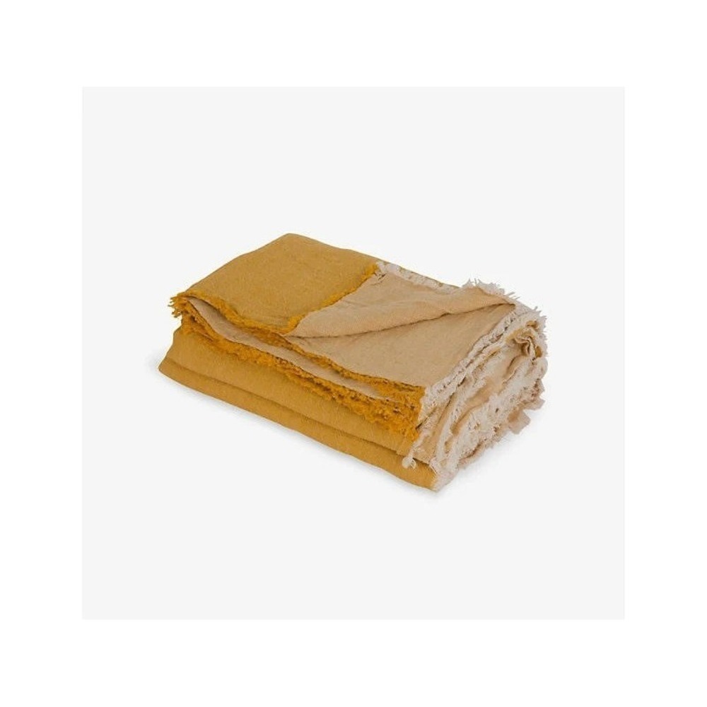 Maison de Vacances Crumpled Washed Linen Throw Ochre Modern Quiet Luxury EUC